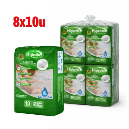 Sabanilla Higieclin 90x60cm con Gel Bolsón 8 Paquetes x 10 unidades