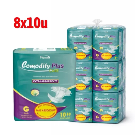 Pañal Adulto Comodity Plus Care Talla G Bolsón 8 Paquetes x 10 Unidades